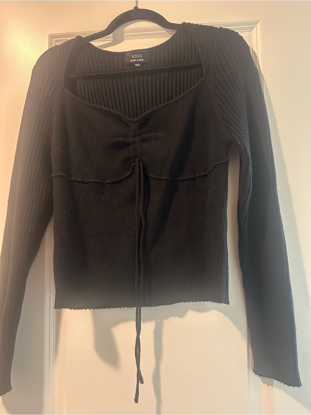 VICI Black Ribbed Drawstring Long Sleeve Top